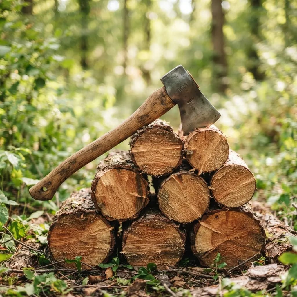 Axt auf einem Stapel frisch geschnittener Holzscheite im Saarland