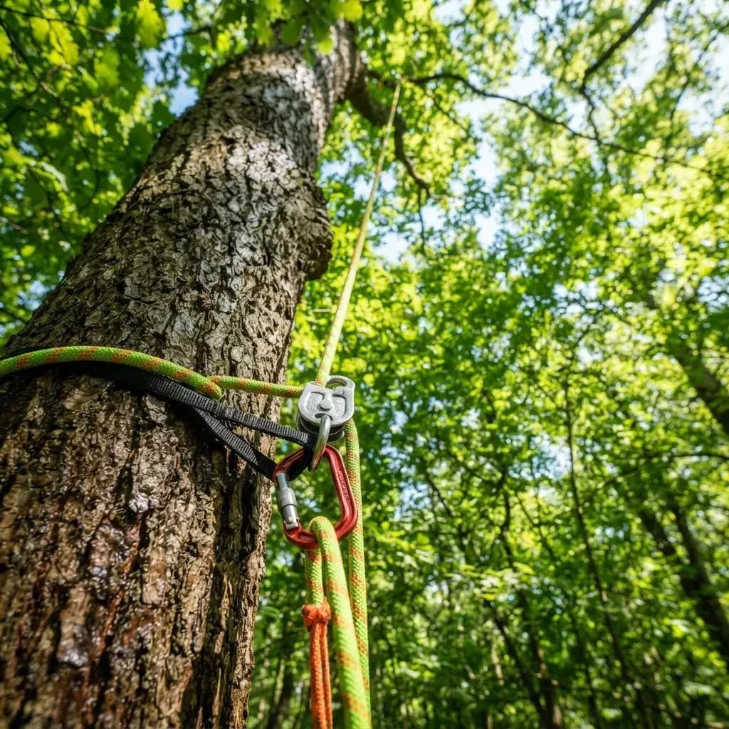 Kletterseil und Rigging-Ausrüstung an einem Baumstamm im Saarland