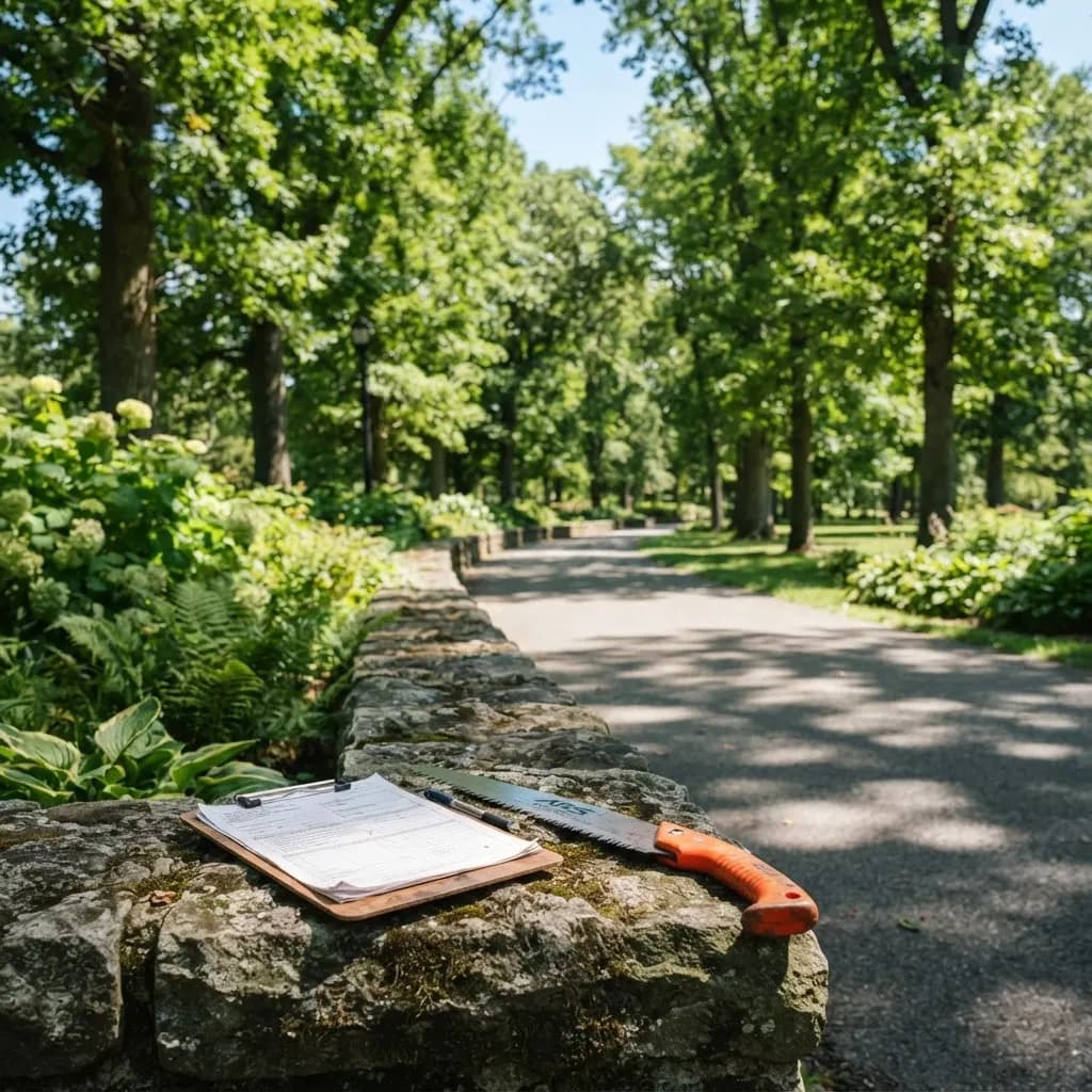 Sonniger Weg zwischen gepflegten Bäumen im Saarland