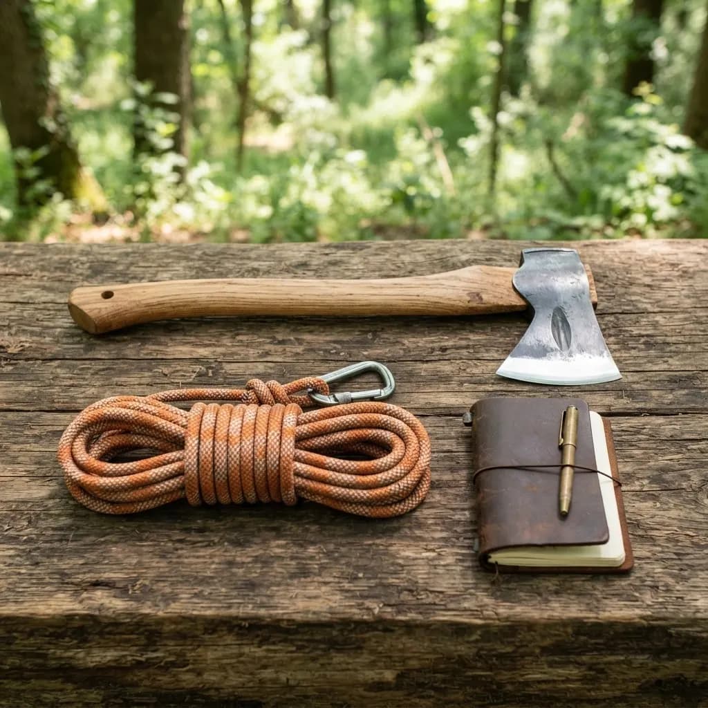 Axt, Kletterseil und Notizbuch auf einem Holzstamm